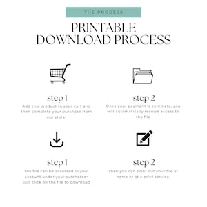 May include: A white graphic with the text "THE PROCESS PRINTABLE DOWNLOAD PROCESS". The graphic shows a shopping cart, file folders, a download arrow, and a pen writing on a document, with instructions for downloading a printable file.