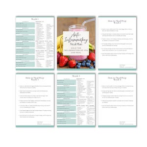 May include: A collection of six pages with a teal border. The pages include an anti-inflammatory meal plan, shopping lists, and meal prep instructions. The central image shows a smoothie with strawberries and blueberries.