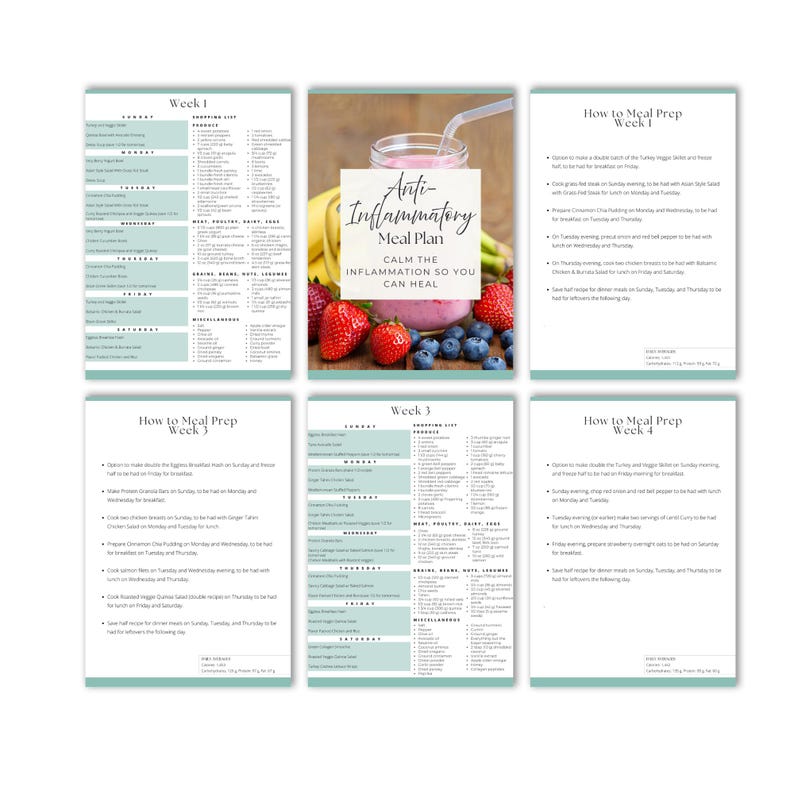 May include: A collection of six pages with a teal border. The pages include an anti-inflammatory meal plan, shopping lists, and meal prep instructions. The central image shows a smoothie with strawberries and blueberries.