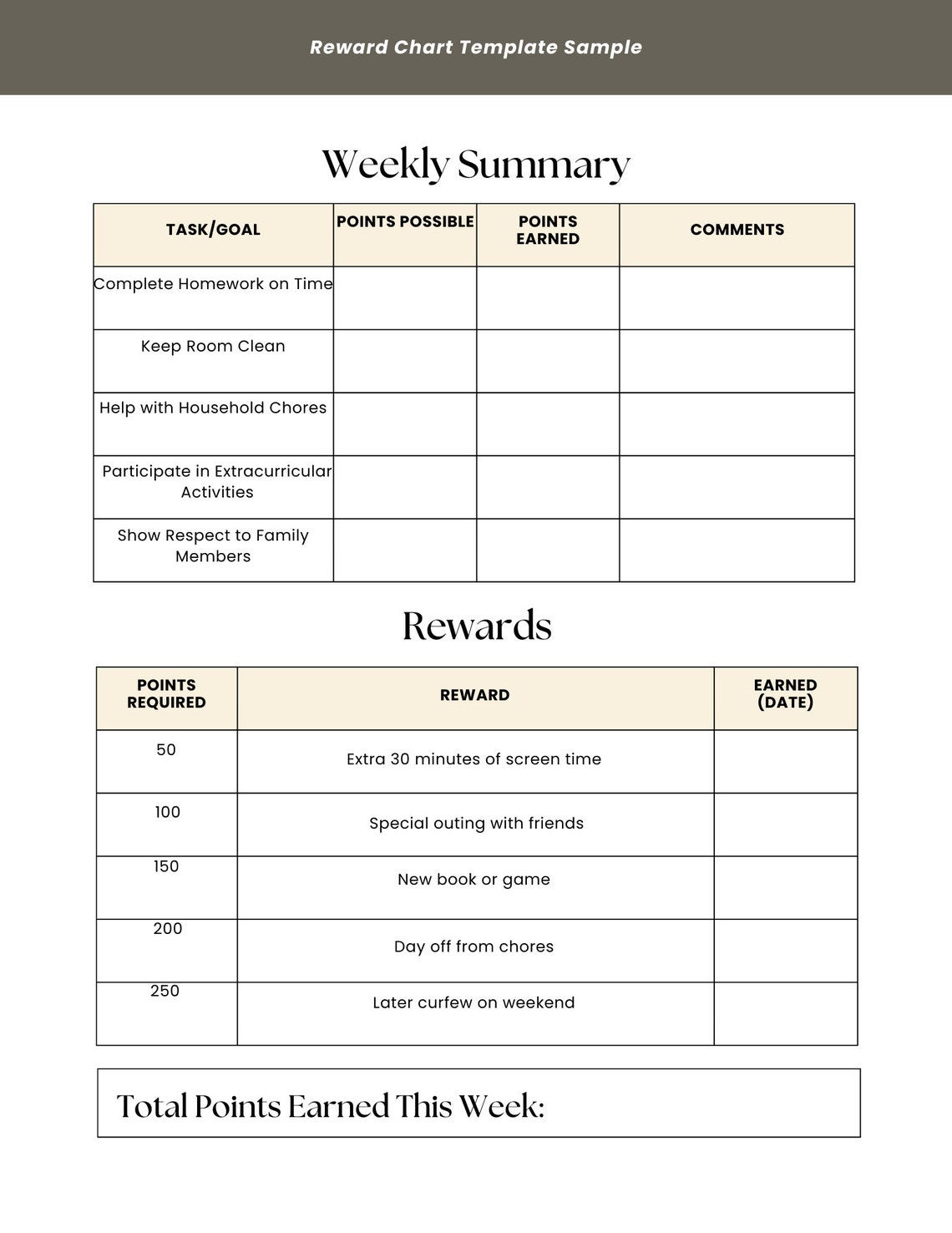 Reward Chart for Teens I Printable Chore Chart I Digital Reward Chart I ...