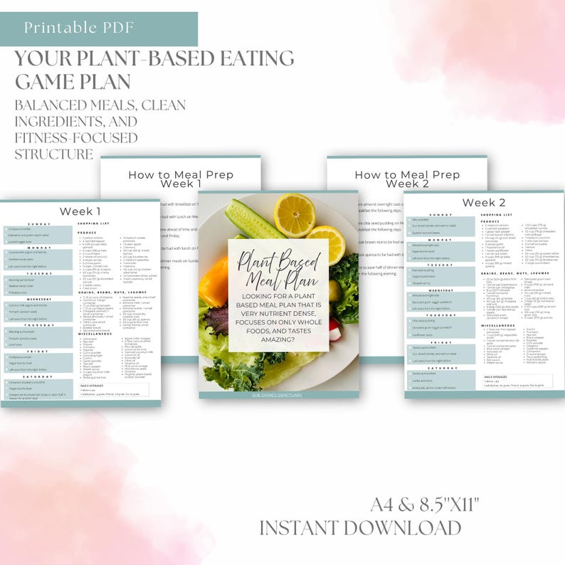 May include: A printable PDF with a plant-based eating game plan. The plan includes balanced meals, clean ingredients, and a fitness-focused structure. The image shows meal prep guides for weeks 1 and 2, with a focus on whole foods.