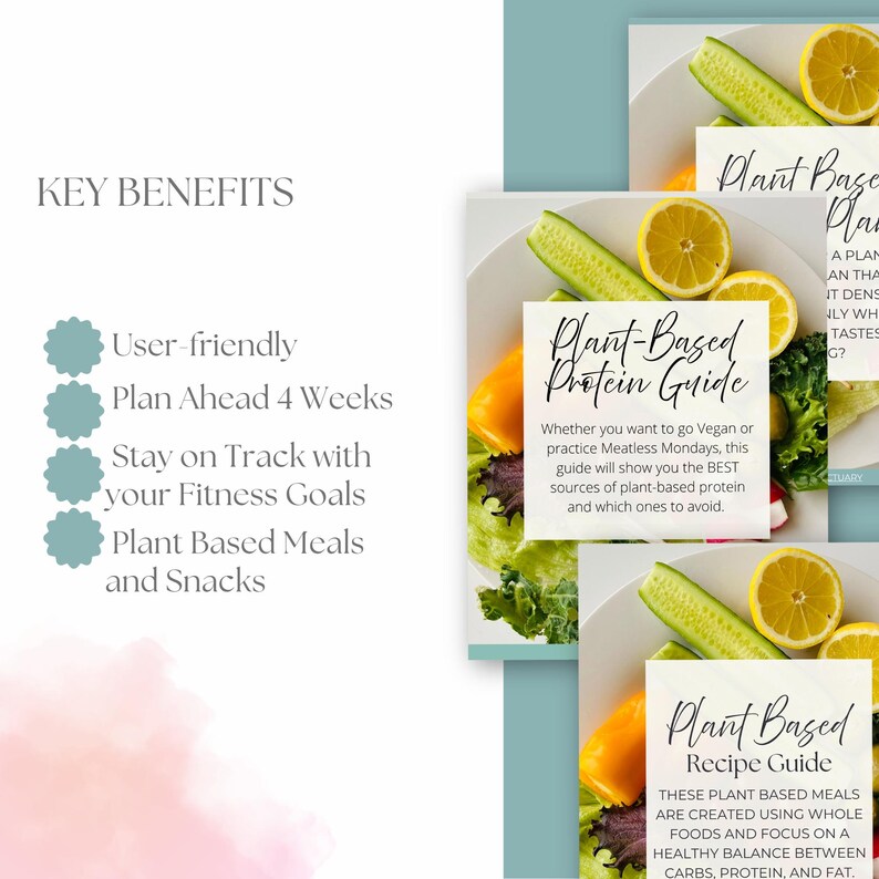 May include: A plant-based recipe guide with text that reads "Plant-Based Protein Guide" and "Plant Based Recipe Guide". The image features plates of food with lemons, cucumbers, and other vegetables. The text also highlights key benefits.