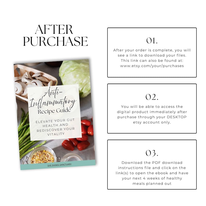 May include: An "Anti-Inflammatory Recipe Guide" ebook cover with text, vegetables, and a jar of spices. The cover text reads "Elevate Your Gut Health and Rediscover Your Vitality." Instructions for downloading the digital product are also included.