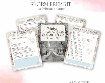 May include: An all-in-one winter storm prep kit with 28 printable pages. The planner includes a checklist, emergency contacts, and pantry inventory. The cover features a winter road scene. Available in A4 and 21.6cm x 27.9cm sizes. Instant download.