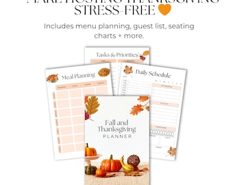 May include: A collection of Thanksgiving-themed planners and worksheets. The cover of the planner reads "Fall and Thanksgiving Planner". The image includes pumpkins, gourds, and fall leaves. Text includes "Make Hosting Thanksgiving Stress-Free" and "Includes menu planning, guest list, seating charts + more."