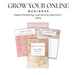 May include: A collection of pink and white business guides with the text "Grow Your Online Business." The guides cover topics like digital marketing and goal setting. The image includes a decorative vase, candle, and crystals.