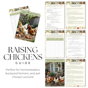 May include: A guide titled "RAISING CHICKENS GUIDE" with images of chickens and eggs. The guide includes charts, recipes, and tips for chicken care. The text reads "Perfect for homesteaders, backyard farmers, and pet chicken owners!"
