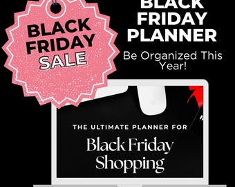 May include: A promotional image for a Black Friday sale. A pink tag with the words "Black Friday Sale" hangs above a laptop displaying "Black Friday Planner" and "Black Friday Shopping" text. The background is black.