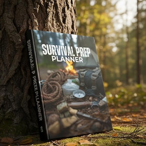 Può includere: Un libro Survival Prep Planner con una copertina scura che mostra una scena boschiva, un falò, una corda, una bussola e dell'attrezzatura. Il titolo SURVIVAL PREP PLANNER è stampato in bianco sulla copertina e sul dorso del libro.