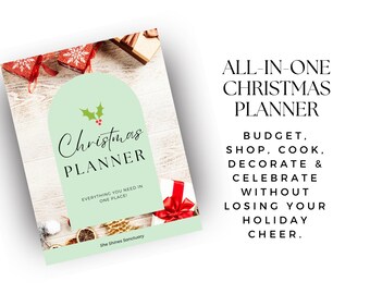 May include: A Christmas Planner with a mint green cover featuring the words "Christmas Planner" and holly illustrations. The planner includes text that reads "Everything you need in one place!" and "All-in-one Christmas Planner."