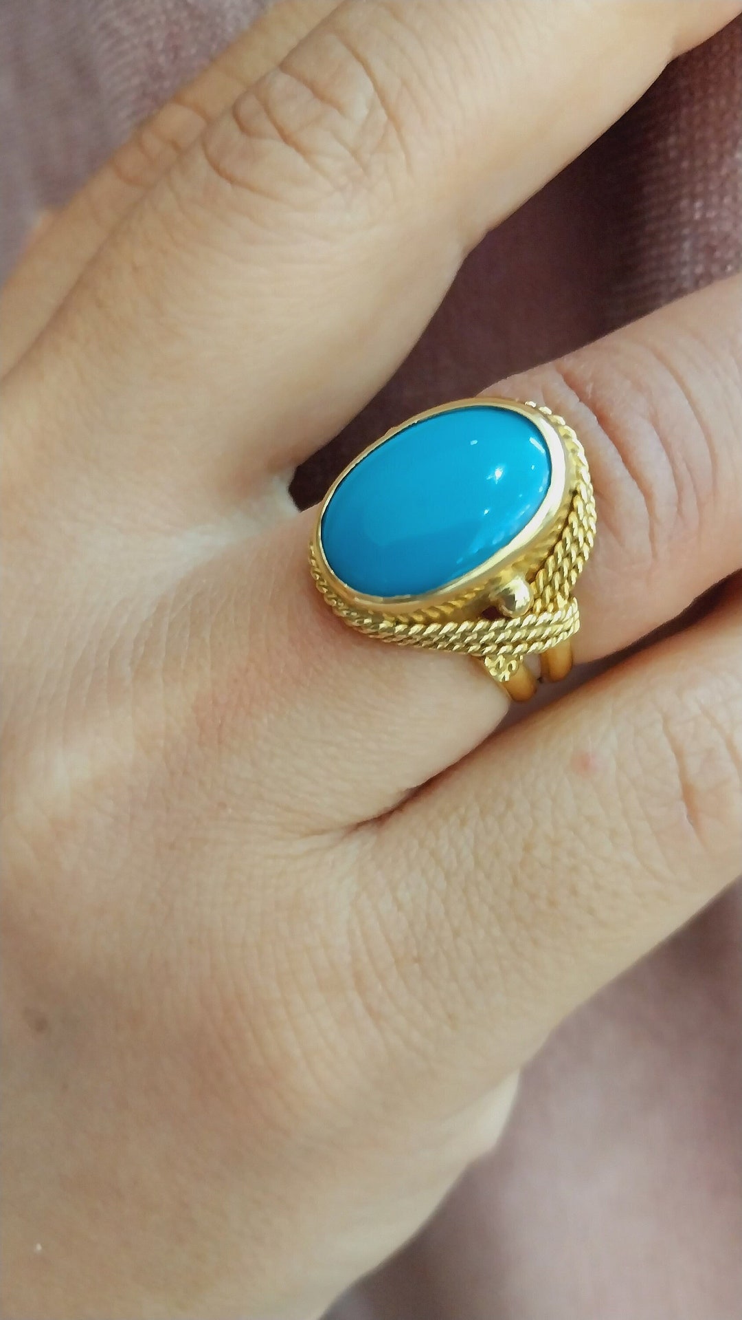Handmade 18K Gold Women Ring With Turquoise Stone , Gold Oval Design ...