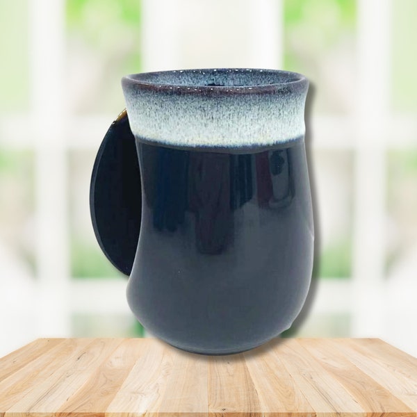 Hand Warmer Ceramic Mug | Hand Painted 18oz Pottery Mug | Handwarmer Beverage Cup | Navy Blue | Left Handed | Hand Painted Coffee Mug