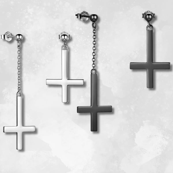 Asymmetrical Upside Down Cross Earrings | Inverted Cross Asymmetry Earrings | Black, Silver | Religious St. Peter Satanic Gothic Earrings