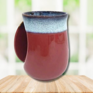 Hand Warmer Porcelain Mug | Hand Painted Pottery Mug | 18 fl oz | Handwarmer Beverage Cup | Red Wine Color | Right Handed