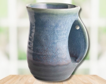 Hand Warmer Ceramic Mug | Hand Painted Pottery Mug | Handwarmer Beverage Cup | Lagoon Blue | Right Handed | 14 fl oz