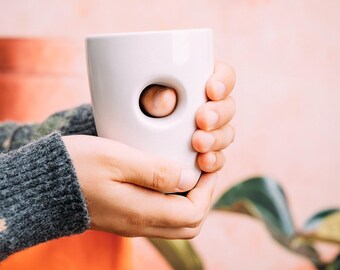 Handwarmer Mug With Thumb Insert | Full Hand Warmer Coffee/Tea Cup | 12oz | White Ceramic Hand Painted Mug | Handmade Beverage Mug