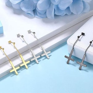 Inverted Cross Earrings 925 Sterling Silver Dangle Chain Studs Upside Down Cross Mens Women