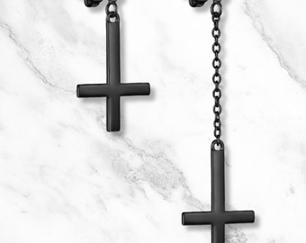 Inverted Cross Stud Earrings 925  Asymmetric Sterling Silver Upside Down Cross Dangle Earrings Black For Women Men