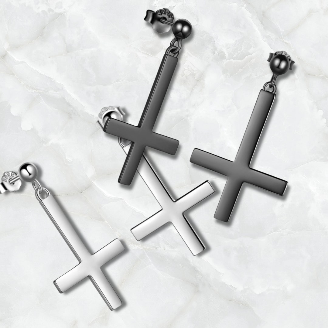 Inverted Cross Stud Earrings Upside Down Cross Stud Earrings Black