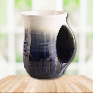 Hand Warmer Ceramic Mug | Hand Painted Pottery Mug | Handwarmer Beverage Cup | Ocean Blue | Left Handed | 14 fl oz
