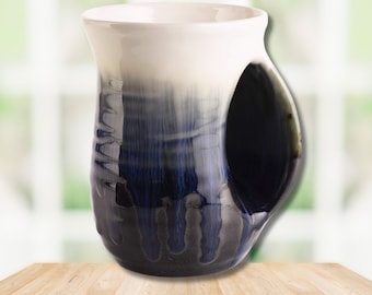Hand Warmer Ceramic Mug | Hand Painted Pottery Mug | Handwarmer Beverage Cup | Ocean Blue | Right Handed | 14 fl oz