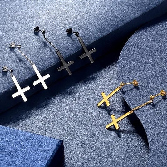 925 Sterling Silver Inverted Cross Earrings Black Gun Plated Cubic Zirconia Dangle Studs Upside Down Cross Mens Women