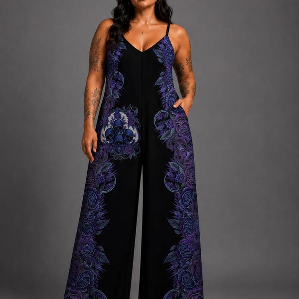 Midnight Skull Garden Wide Leg Romper Gothic Outfit Dark Floral Jumpsuit Women