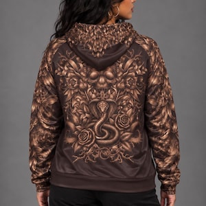 Bronze Serpent Unisex Pullover Hoodie, Brown Copper Floral Snake Alternative Style