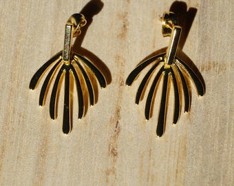 Golden statement earrings – retro palm design, art deco earrings, lightweight dangles, summer jewelry for women