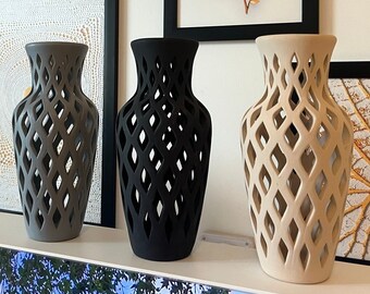 Diamond Pattern Hand Cut Hollow Out Ceramic Vase Set, Black Cut Out Ceramic Vase, Ceramic Vases for Dried Flowers - Unique Home Décor Accent
