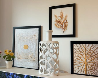 Rectangular Bottle Vase With Cut Out Abstact Patterns, Unique Hand-Cut Abstract Design Ceramic Vase - Geometric Shape, White Wedding Vase