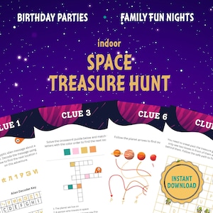 Caça ao tesouro no espaço interno para crianças Quebra-cabeça com tema espacial para impressão, perfeito para 8 a 12 crianças, festa de aniversário, pistas de atividades, caça ao tesouro