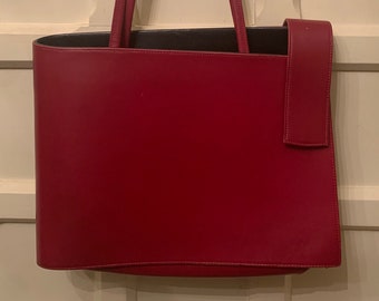 MADE IN FRANCE Burgundy Leather Tote l Woman's Briefcase l Professional Tote Purse with Velcro Strap