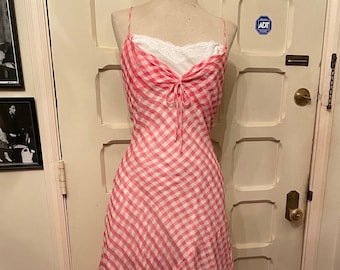 Vintage Pink and White Spaghetti Strap Ruffle Bottom Dress