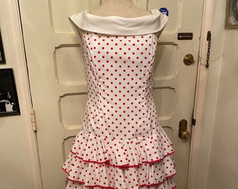 Vintage Victor Costa White & Red Polka Dot Dress l Off The Shoulder l  Ruffle Dress