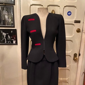 Signature black VALENTINO Skirt Suit 1980&#39;s Vintage with Red Trim - MADE lN ITALY - Black Blazer and Skirt - Vintage Valentino Skirt Suit