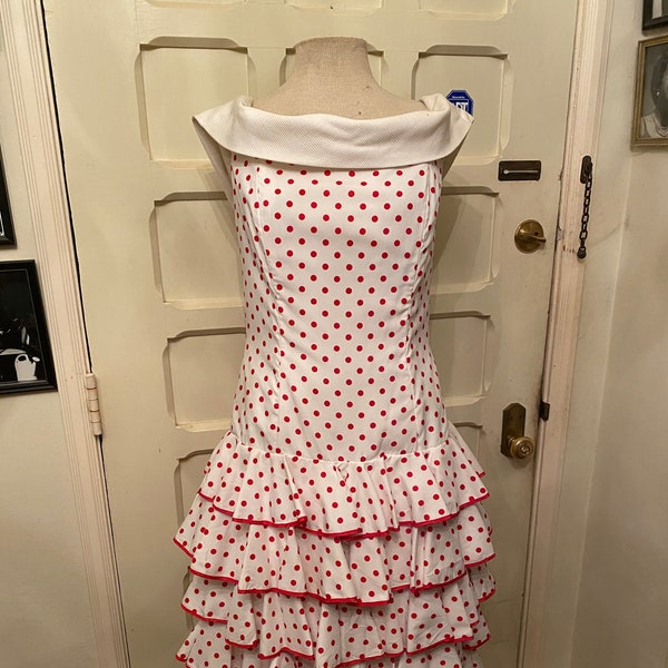 Vintage Victor Costa White & Red Polka Dot Dress l Off The Shoulder l  Ruffle Dress