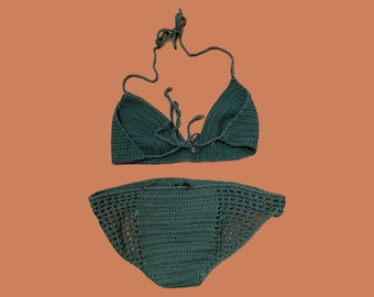 Vintage 1970's Hand-Crocheted Green Bikini Set