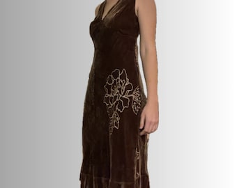 Vintage Brown Velvet Maxi Dress with Floral Print