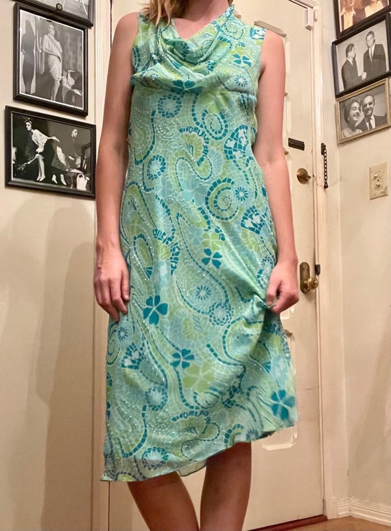 Classy Silk blue and green Patterned Dress