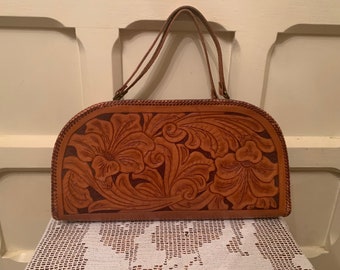 Vintage Mexican Leather Purse l Tan Brown with Floral Detailing l Hand Bag