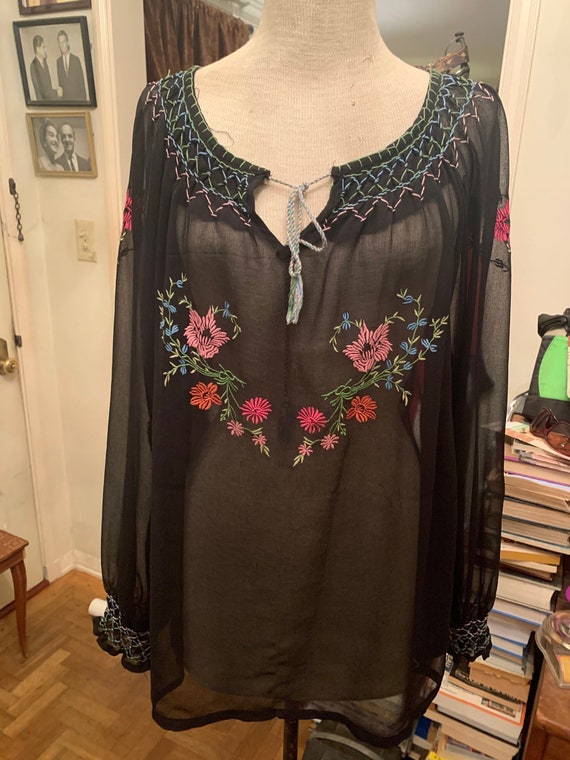 Vintage Hand Stitched Black Blouse with Floral Det