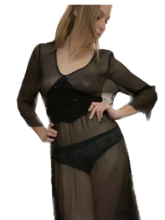 Silk Beaded coverall| See Through| Black mesh