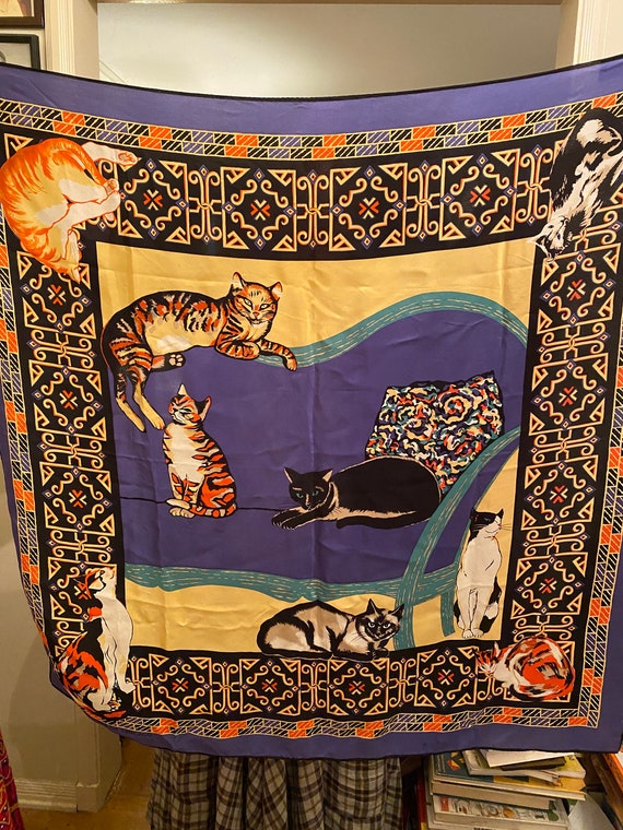 100% Silk scarf 1980’s cat printed scarf