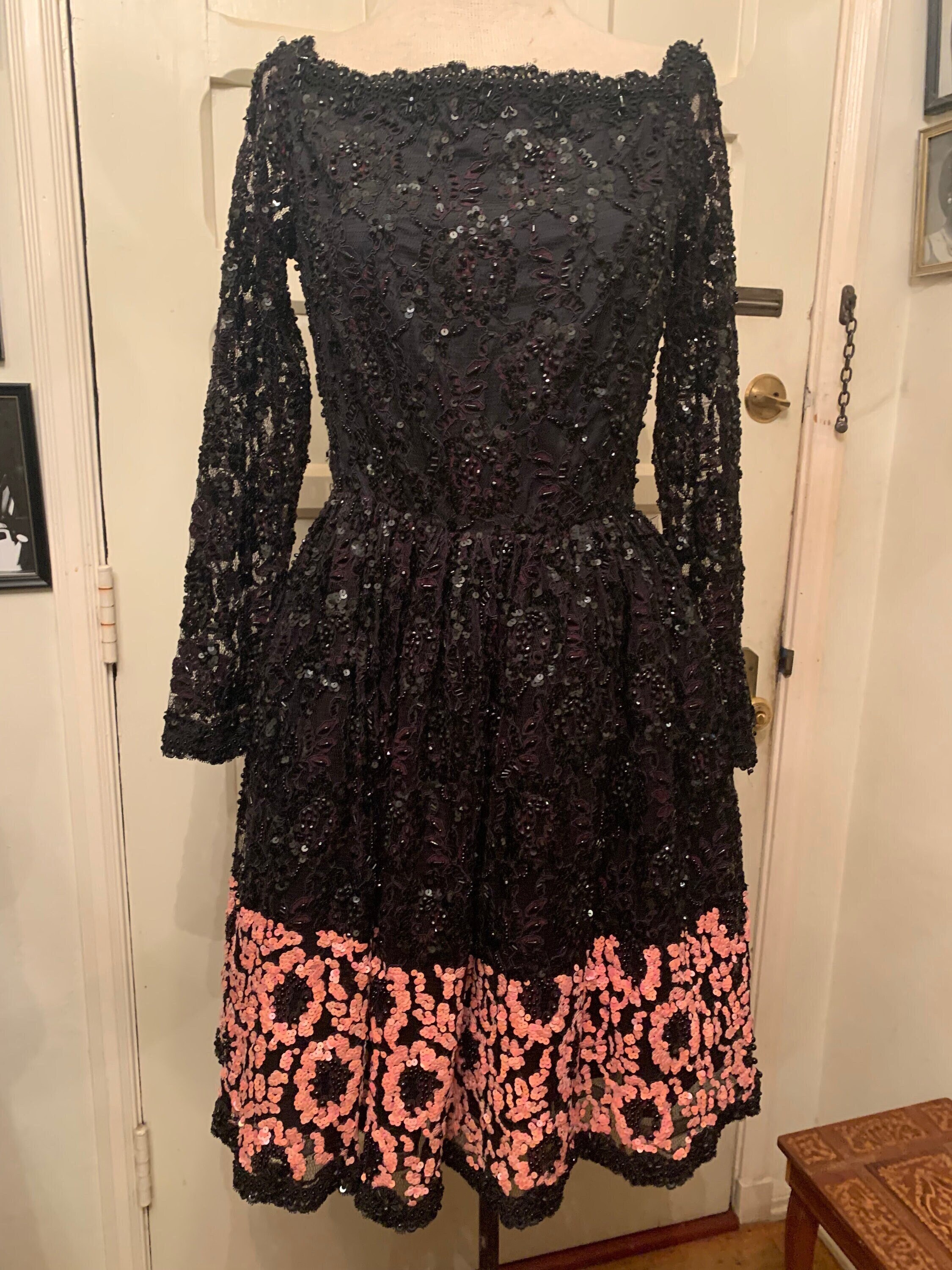 VINTAGE Bill Blass Black Sequin Dress With Pink Detailing - Etsy VINTAGE Bill Blass Black Sequin Dress With Pink Detailing - Etsy