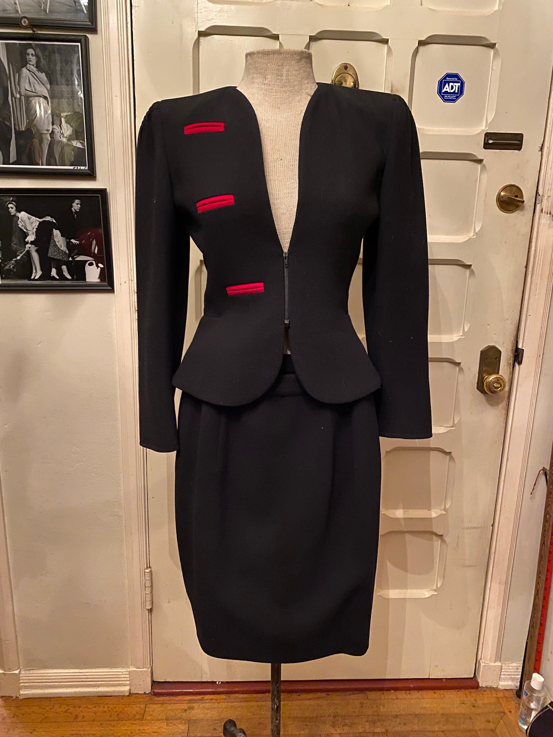 Signature Black VALENTINO Skirt Suit 1980's Vintage With Red