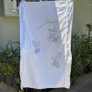 Vintage Baby Blanket - 1940 40 s - Hand Embroidered Bunny Rabbit Blanket for Babies