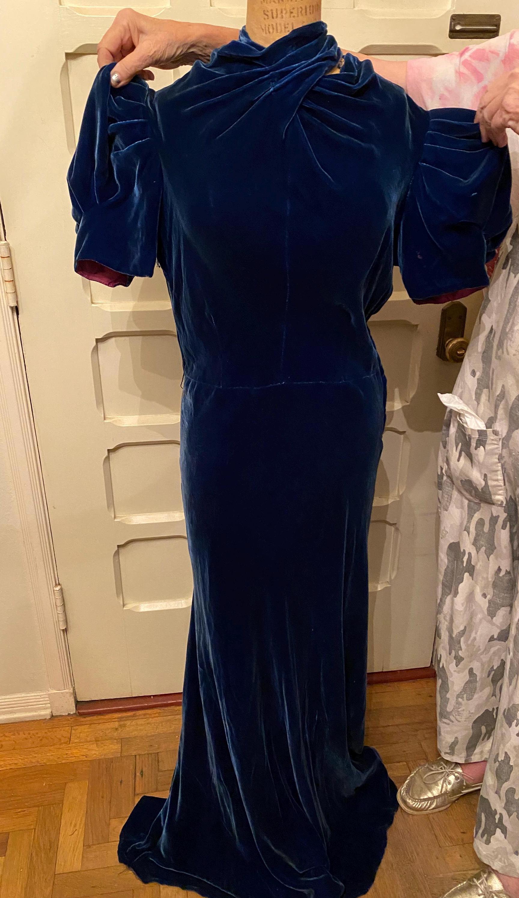 1930s Blue Velvet Gown with Gathered Bodice