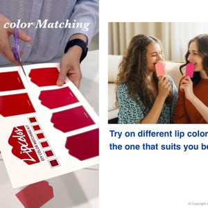 May include: Image of a DIY lip colour matching kit with various shades of red lip colours. Two women are shown trying on different lip colours. The text reads "Lip colour Matching" and "Try on different lip colours to find the one that suits you best!"