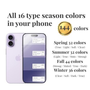May include: A light purple smartphone displaying a color palette app with the text All 16 type season colors in your phone and 144 colors. The screen shows four color swatches with labels for Spring, Summer, Fall, and Winter categories.